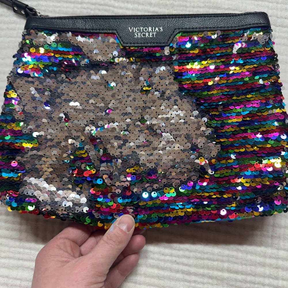 Victoria's Secret Black Flip Rainbow Sequin Bling cosmetic pouch bag purse Y2K - Picture 3 of 7